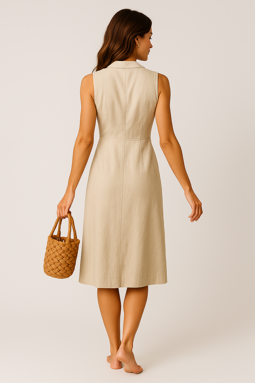 Robe Midi en Lin – Col V Élégant avec Boutons et Poches