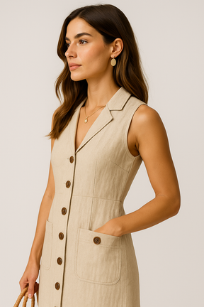 Robe Midi en Lin – Col V Élégant avec Boutons et Poches