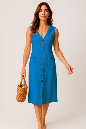 Robe Midi en Lin – Col V Élégant avec Boutons et Poches