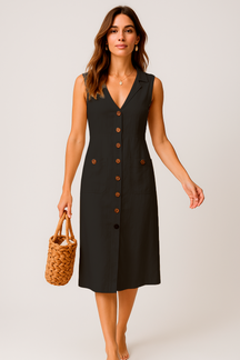 Robe Midi en Lin – Col V Élégant avec Boutons et Poches