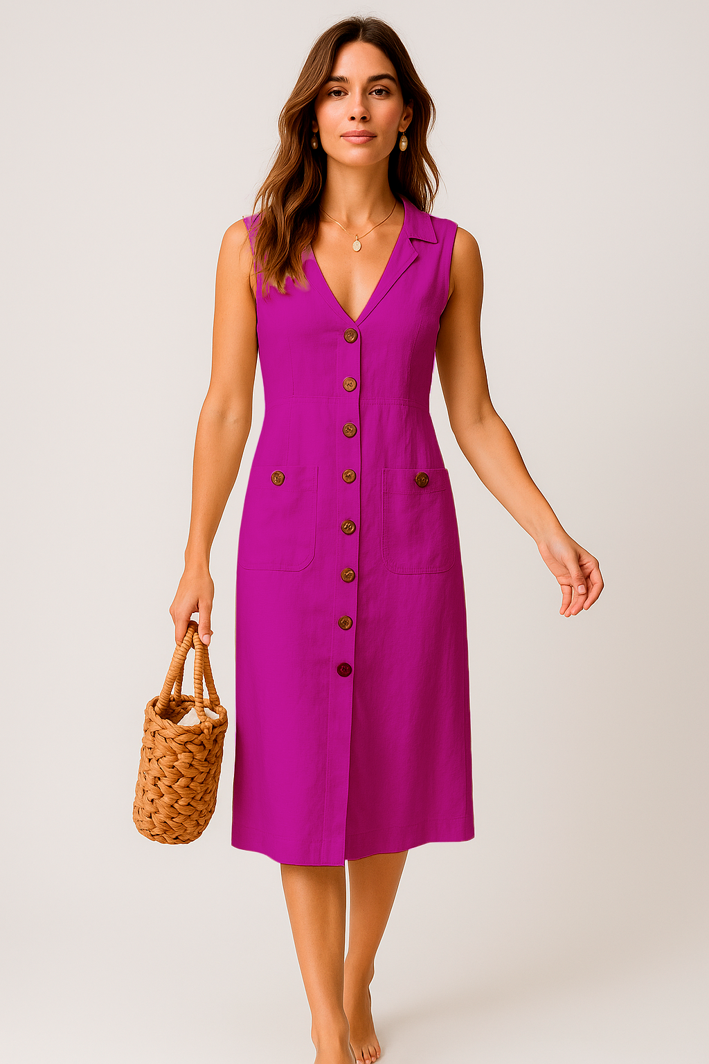Robe Midi en Lin – Col V Élégant avec Boutons et Poches