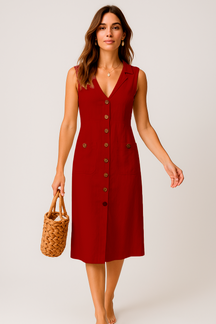 Robe Midi en Lin – Col V Élégant avec Boutons et Poches
